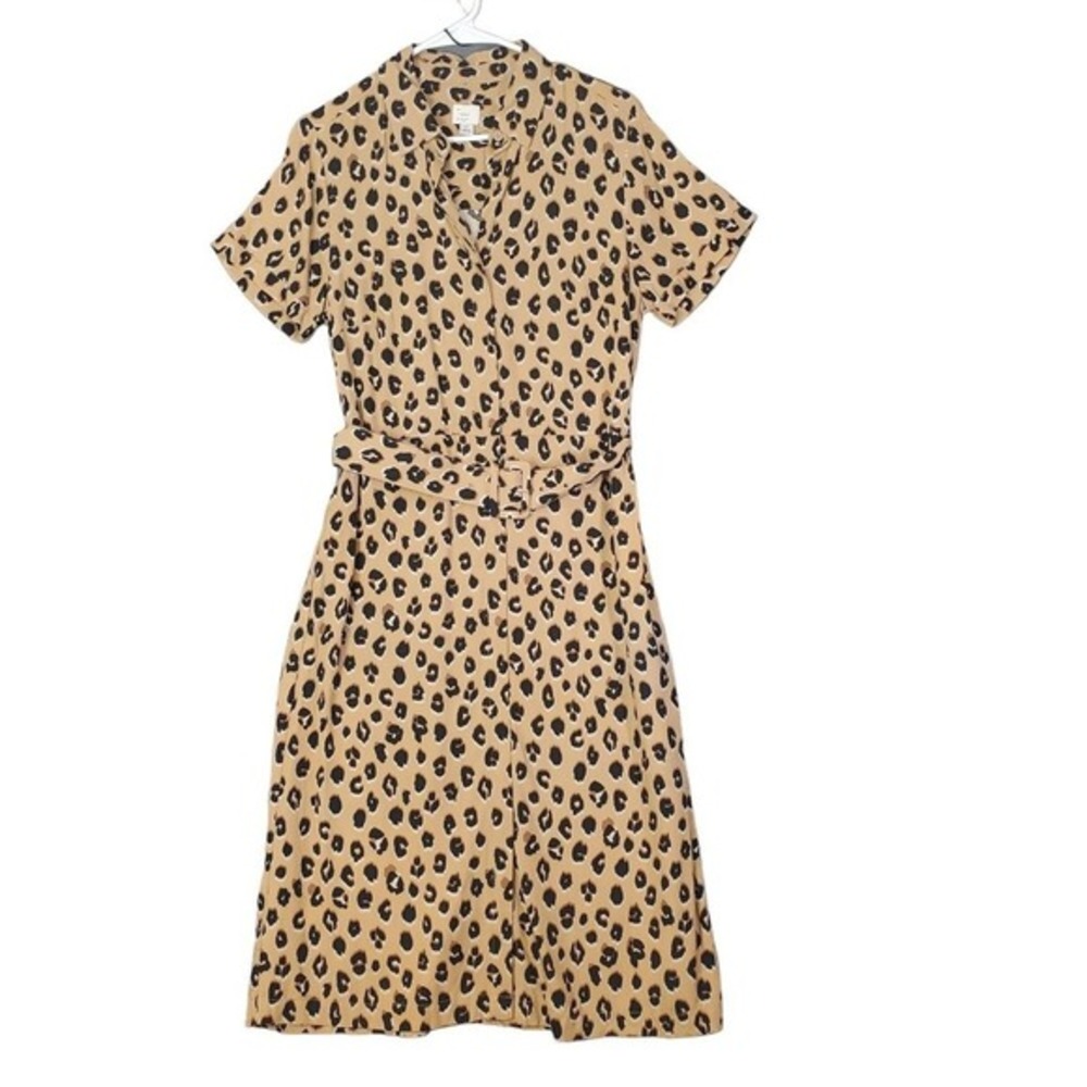 A New Day Womens Safari Mob Leopard Belted Midi Shirt Dress S Tan Black Pocket